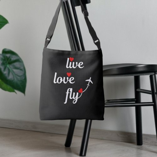 Live Love Fly Text Hearts and Airplane Travel Crossbody Bag