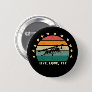 "Live Love Fly" Text,Vintage Airplane Retro Sunset Button