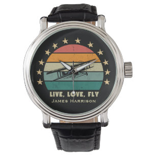"Live Love Fly" Text,Vintage Airplane Retro Sunset Watch