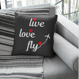 Live Love Fly Typography with Airplane & Hearts Throw Pillow