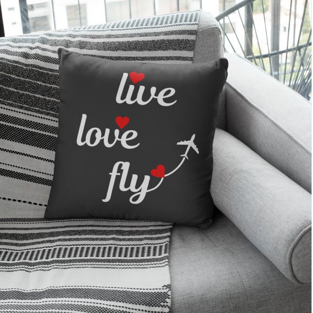 Live Love Fly Typography with Airplane & Hearts Throw Pillow (Creator Uploaded)