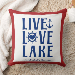Live Love Lake - Nautical Boat Lakehouse Throw Pillow
