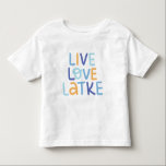 Live Love Latke Hanukkah Design Toddler T-shirt<br><div class="desc">Celebrate the joy of Hanukkah with this colorful "Live Love Latke" design. Featuring bright colors and playful typography,  this graphic is perfect for a variety of products,  from home decor to gifts. Add a touch of holiday spirit and deliciousness to your space with this fun and festive design.</div>