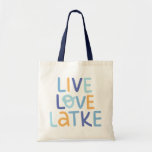 Live Love Latke Hanukkah Design Tote Bag<br><div class="desc">Celebrate the joy of Hanukkah with this colorful "Live Love Latke" design. Featuring bright colors and playful typography,  this graphic is perfect for a variety of products,  from home decor to gifts. Add a touch of holiday spirit and deliciousness to your space with this fun and festive design.</div>