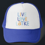 Live Love Latke Hanukkah Design Trucker Hat<br><div class="desc">Celebrate the joy of Hanukkah with this colorful "Live Love Latke" design. Featuring bright colors and playful typography,  this graphic is perfect for a variety of products,  from home decor to gifts. Add a touch of holiday spirit and deliciousness to your space with this fun and festive design.</div>