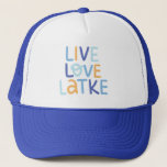 Live Love Latke Hanukkah Design Trucker Hat<br><div class="desc">Celebrate the joy of Hanukkah with this colorful "Live Love Latke" design. Featuring bright colors and playful typography,  this graphic is perfect for a variety of products,  from home decor to gifts. Add a touch of holiday spirit and deliciousness to your space with this fun and festive design.</div>