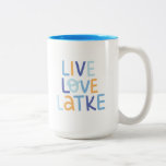 Live Love Latke Hanukkah Design Two-Tone Coffee Mug<br><div class="desc">Celebrate the joy of Hanukkah with this colorful "Live Love Latke" design. Featuring bright colors and playful typography,  this graphic is perfect for a variety of products,  from home decor to gifts. Add a touch of holiday spirit and deliciousness to your space with this fun and festive design.</div>