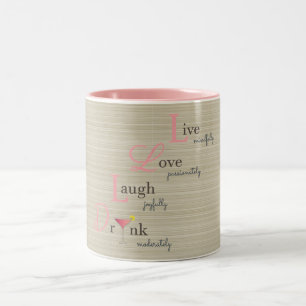 Live Love Laugh and Drink cocktail beige stripes Two-Tone Coffee Mug