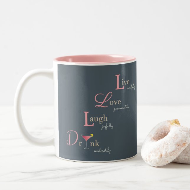 Live Love Laugh and Drink cocktail Two-Tone Coffee Mug (With Donut)
