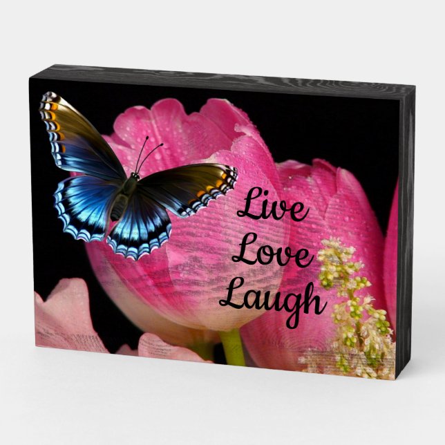 Live Love Laugh Butterfly and Tulips Wooden Box Sign (Angled Horizontal)