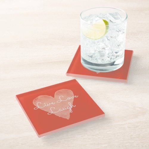 Live Love Laugh cute romantic quote orange heart Glass Coaster