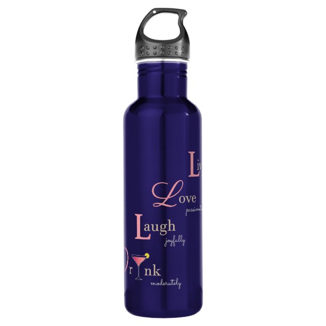 Live Love Laugh Drink Pink Cocktail Dark Blue Stainless Steel Water Bottle (Front)
