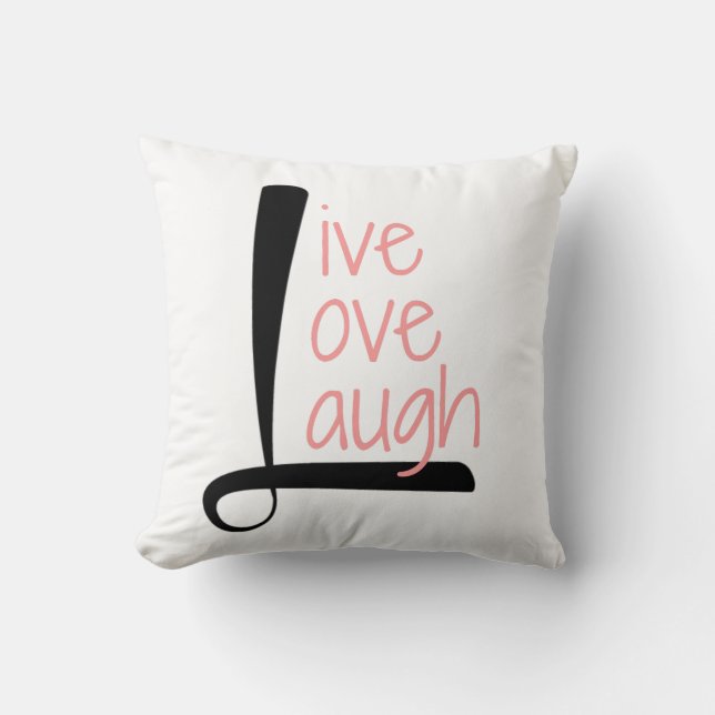 Live Love Laugh Pillow, Black & Rose on White Throw Pillow (Front)