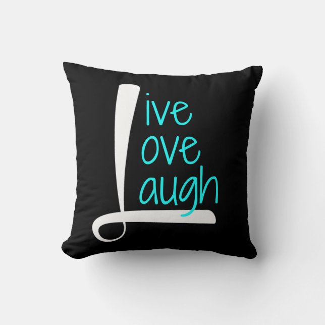 Live Love Laugh Pillow, White & Aqua on Black Throw Pillow (Front)