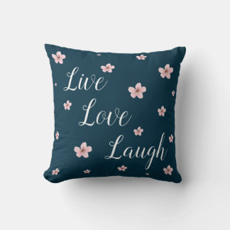 Live, Love, Laugh ~ Royal Blue - Pink Flowers Throw Pillow