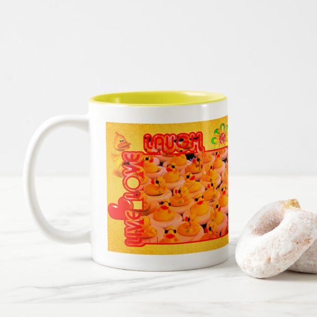 Live Love Laugh Rubber Ducks Inspirational  Two-Tone Coffee Mug (With Donut)
