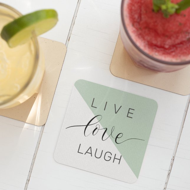 Live Love Laught Positive Motivation Mint Quote Square Paper Coaster (Creator Uploaded)