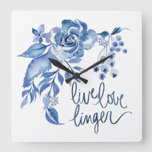 Live Love Linger Blue Rose Floral Square Wall Clock