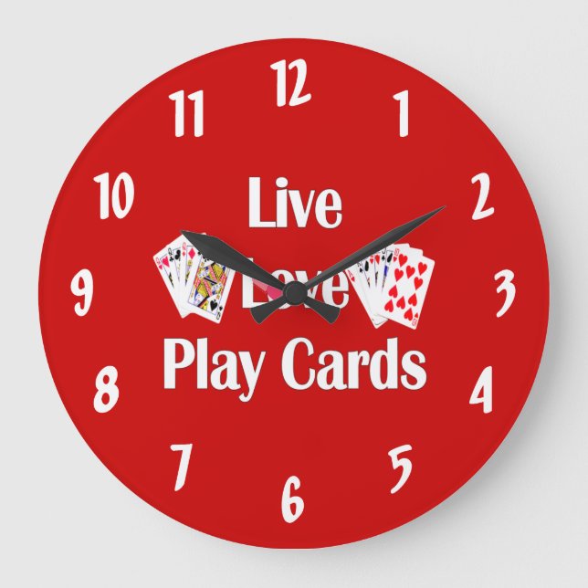 Live, Love, Play Cards-Red Large Clock (Front)