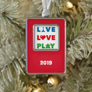 Live, Love, Play Color Text Vert. Framed Ornament