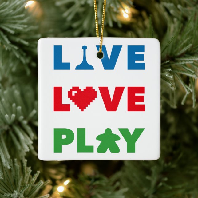 Live, Love, Play Colorful Text Ceramic Ornament (Tree)