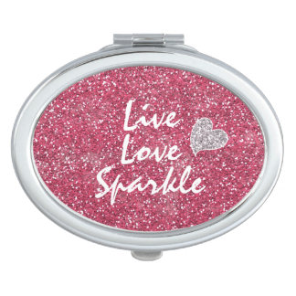 Live Love Sparkle Pink Glitter Mirror For Makeup