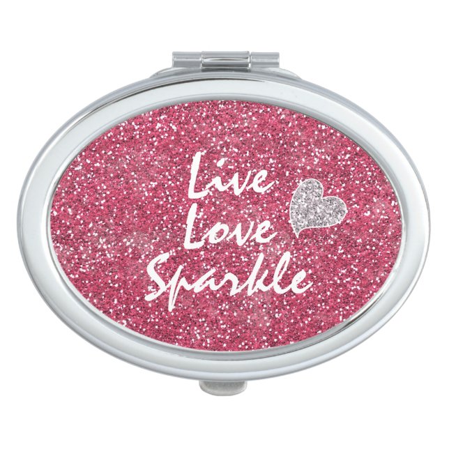 Live Love Sparkle Pink Glitter Mirror For Makeup (Front)