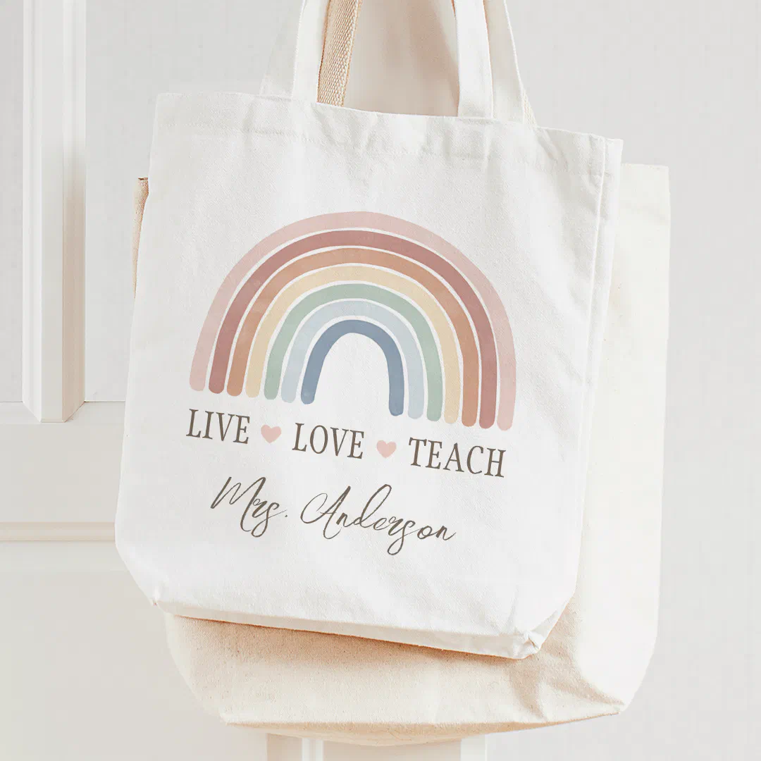 Live Love Teach Rainbow Teacher Appreciation Tote Bag (Creator Uploaded)