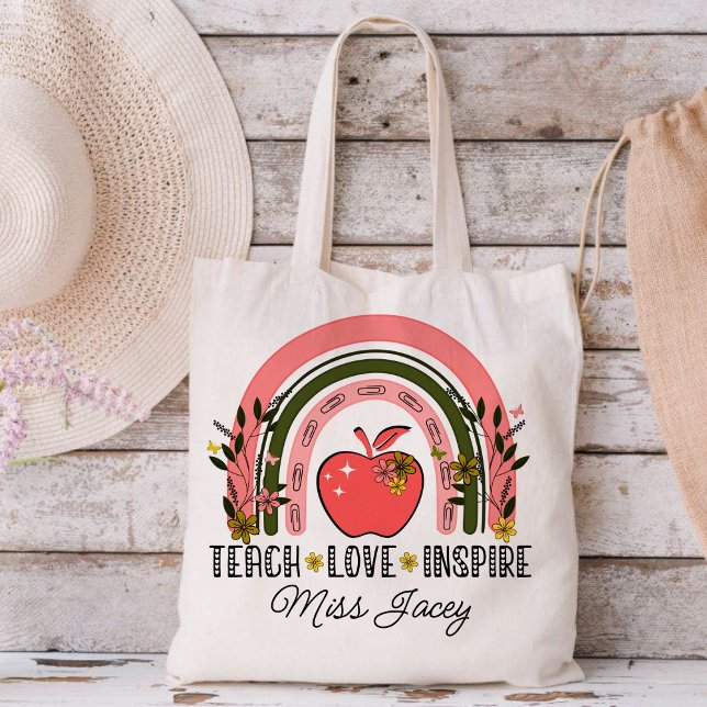 Live Love Teach Rainbow Teacher Appreciation  Tote Bag (TEACH LOVE INSPIRE RAINBOW Personalized Name Teacher tote bag, teacher gift, teacher appreciation )