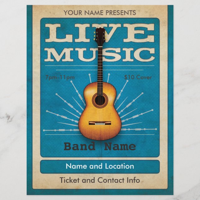 Live Music Acoustic Guitar Flyer Blue (Front)