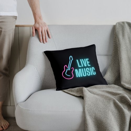 Live Music Neon Guitar Throw Pillow