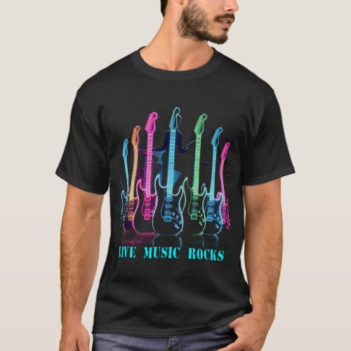 Live Music Rocks Neon Guitars T_Shirt