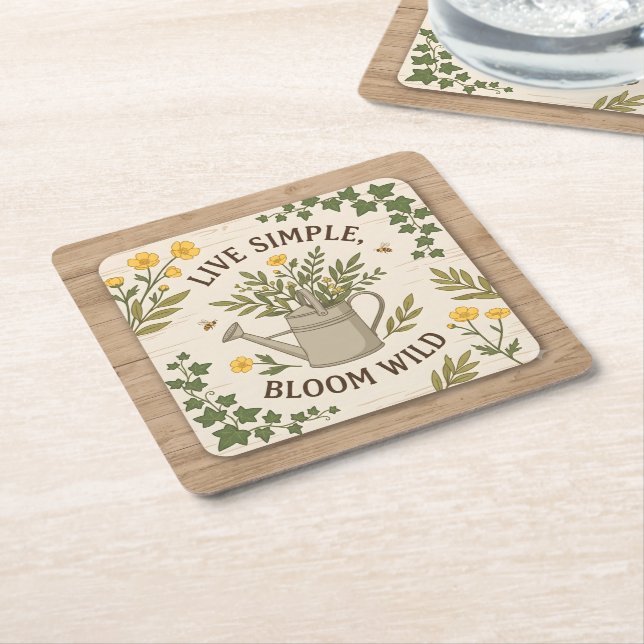 Live Simple, Bloom Wild Square Paper Coaster (Angled)