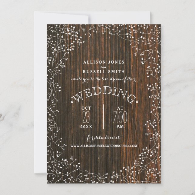 Live Stream Virtual Wedding Barnwood Baby's Breath Invitation (Front)