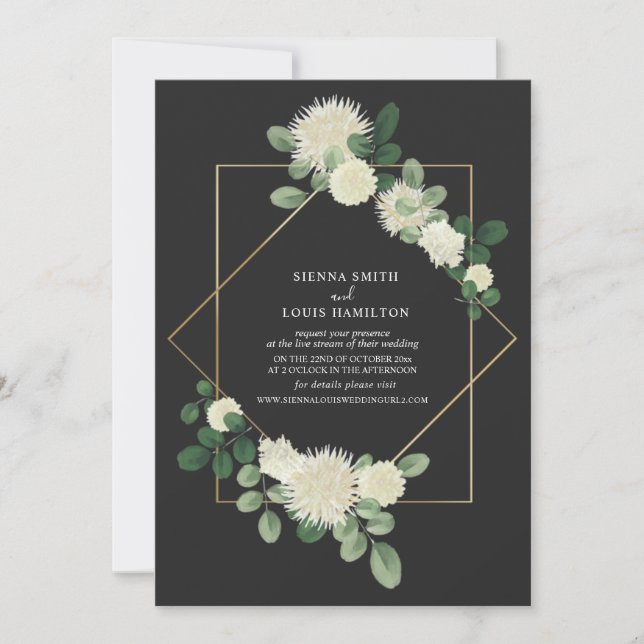 Live Stream Virtual Wedding Floral Botanical Gray Invitation (Front)