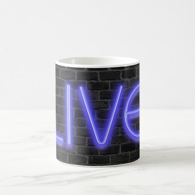 LIVE text in neon lights on brick Coffee Mug (Center)