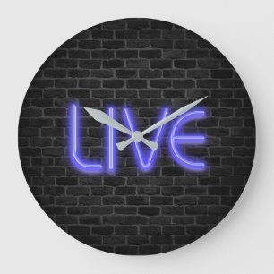 LIVE text in neon lights on brick Large Clock