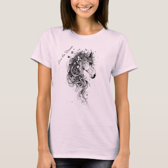 "Live the Dream B&W Whimsical Abstract Horse T-Shirt (Front)
