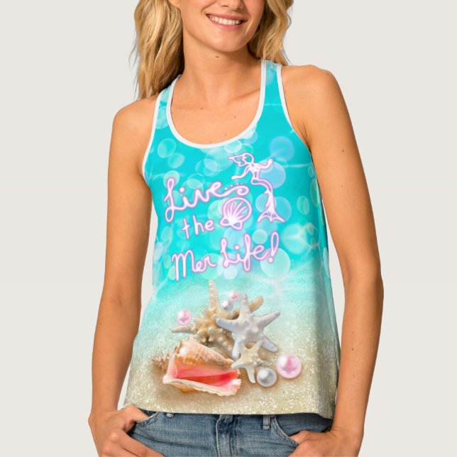 Live the Mer Life Mermaid Aqua and Pink Tank Top (Front)