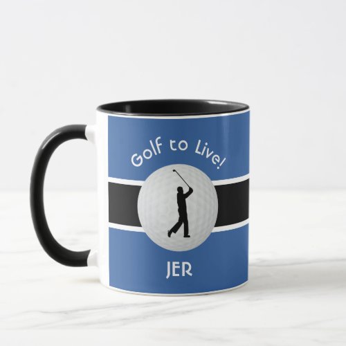 Live to Golf Ball Golfer Figure Black Blue White Mug