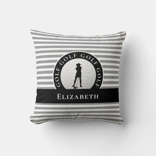 Live To Golf Monogrammed Golfer Gray Stripes Black Throw Pillow (Front)