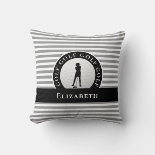 Live To Golf Monogrammed Golfer Gray Stripes Black Throw Pillow