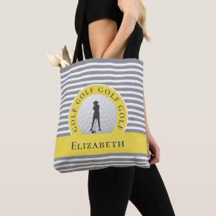 Live To Golf Monogrammed Golfer Gray Stripes Chic Tote Bag