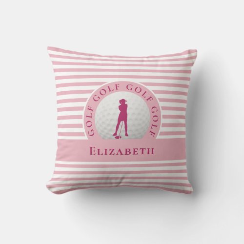 Live To Golf Monogrammed Golfer Stripes Chic Pink Throw Pillow
