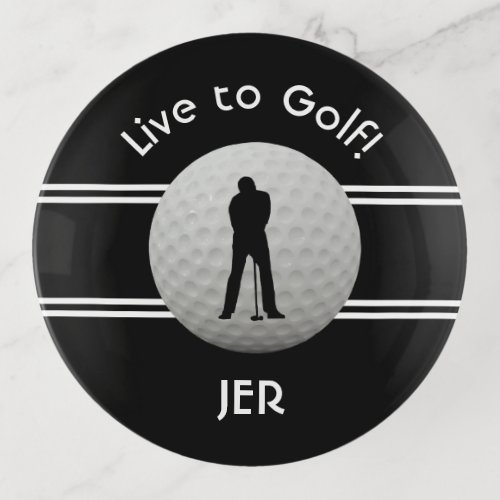 Live to Golf Quote Monogram Initials Black  White Trinket Tray