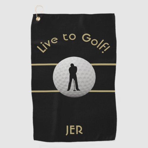 Live to Golf Quote Monogrammed Black  Gold Golf Towel