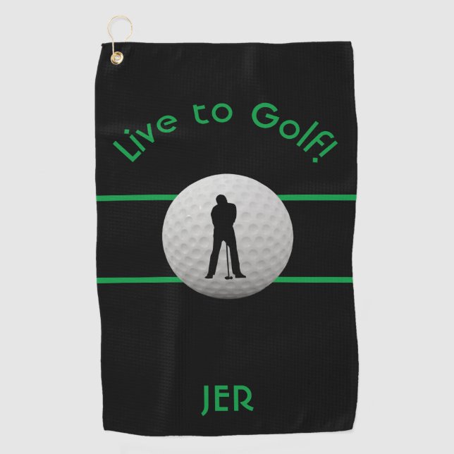 Live to Golf Quote Monogrammed Black & Green Golf Towel (Front)