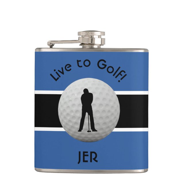Live to Golf Quote Monogrammed Initials Blue Black Flask (Front)