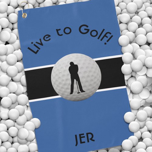 Live to Golf Quote Monogrammed Royal Blue Black Golf Towel