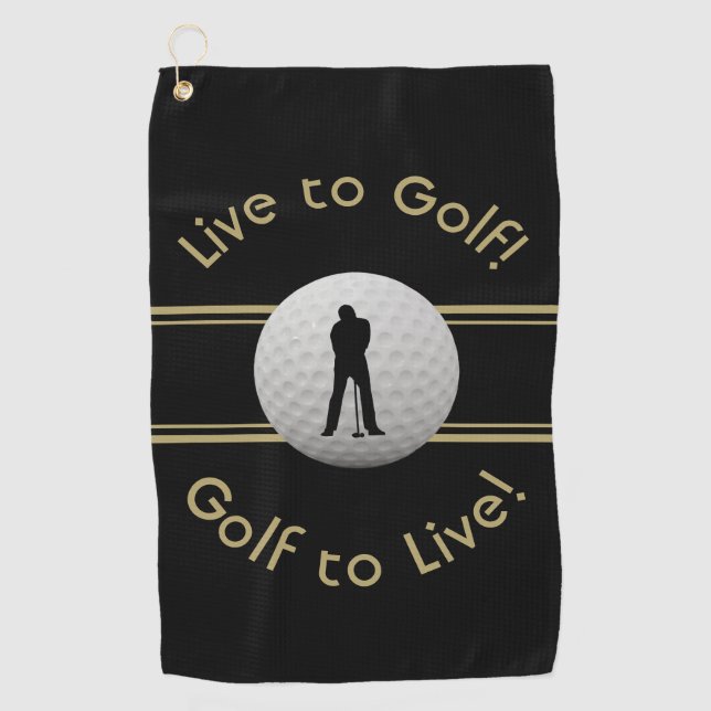 Live to Golf Quote Typography Black Golden Golf Towel (Front)